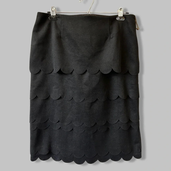 Anthropologie  Maeve Black Scallop Tiered Layer Wool Blend Midi Skirt - Picture 1 of 14